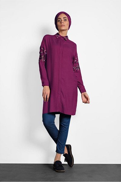 TRENDTESETTÜR Women's Plum Embroidery Detailed Tunic 40238
