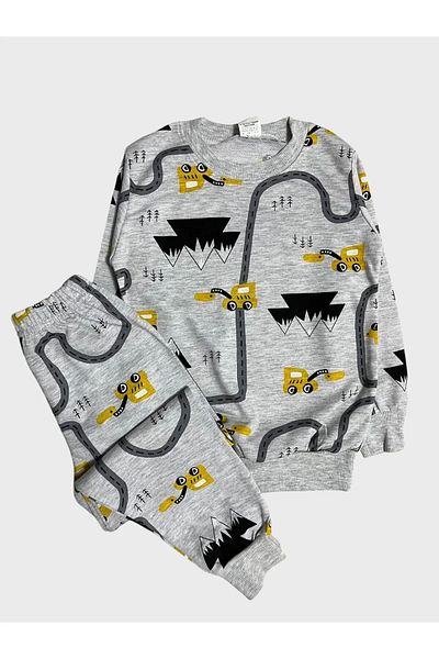 TOFU KİDS Boy's Cotton Car Engineering Vehicle Road Patterned Long Sleeve Seasonal Pajamas Set