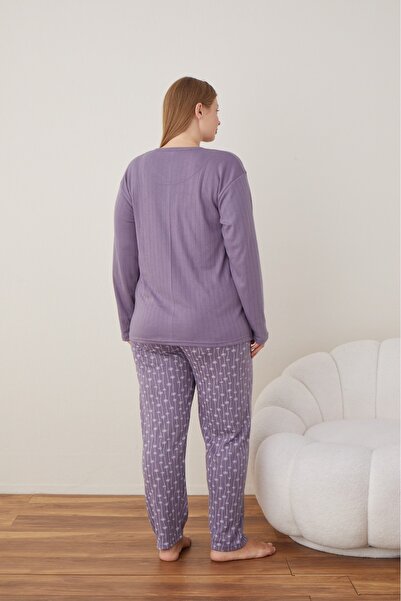 Eyfuze Γυναικεία Σετ Πιτζάμες με μακρυμάνικο γιακά με κουμπιά με κέντημα με καμπύλες