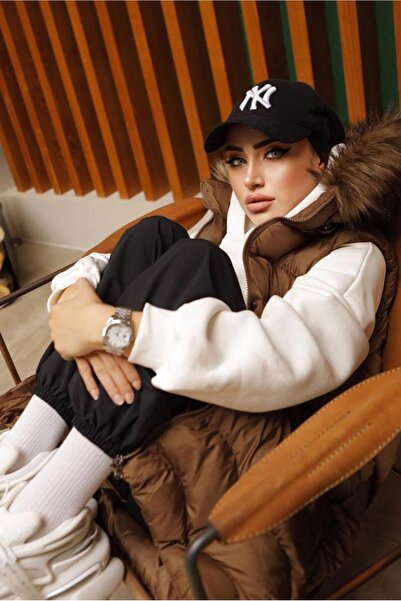 TRENDTESETTÜR Women's Tan Hooded Fur Puffer Vest 7429