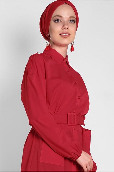 TRENDTESETTÜR Women's Red Neck Buttoned Men's Collar Tunic 4243