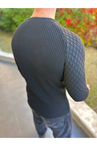 elkumoda Pulover din bumbac natural SlimFit cu decolteu triplu - Darkesim