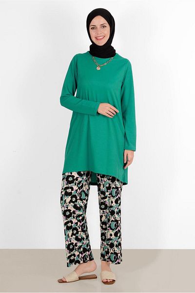 TRENDTESETTÜR WOMEN'S GREEN FLOWER PATTERNED DOUBLE PANT SET 5176