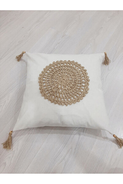 zümal tekstil tasarım Makrome Örgü Keten Dekoratif Kırlent Kılıfı Tekli -Yastık 43x43 Cm (Renk Vizon )