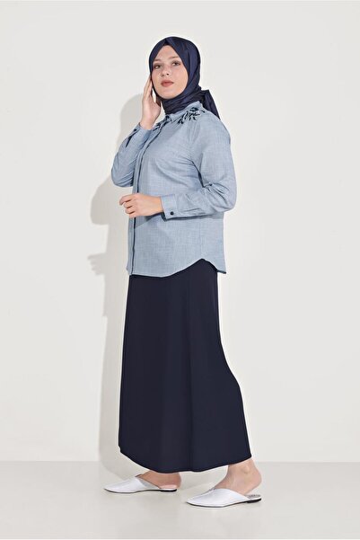 TRENDTESETTÜR WOMEN'S BLUE SHOULDER EMBROIDERED COTTON TUNIC 20048