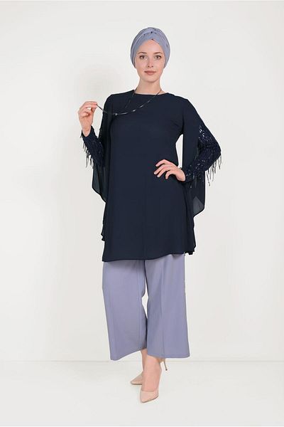TRENDTESETTÜR Women's Navy Blue (DARK BLUE) Tasseled Tunic with Sleeves 40562
