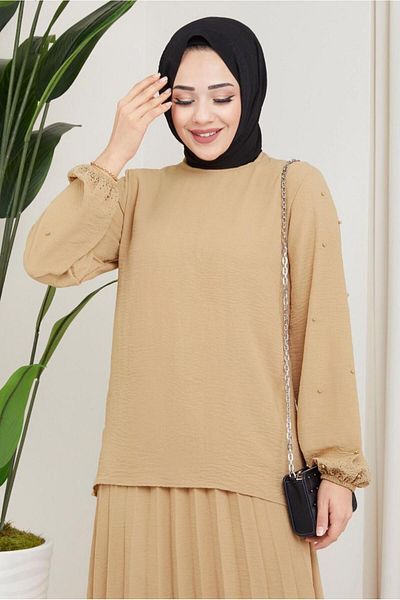 TRENDTESETTÜR Γυναικείο καφέ (CAMEL) Σετ με λαβή με χάντρες T 3013