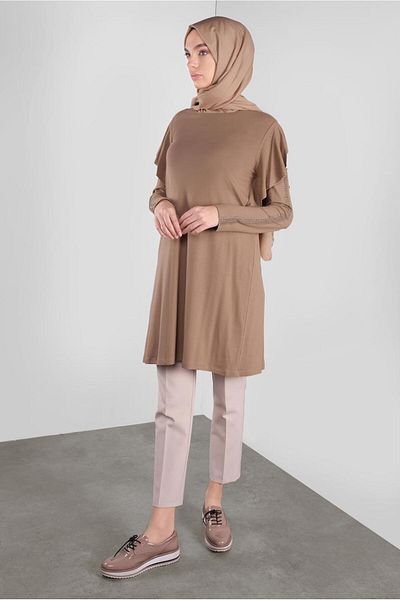 TRENDTESETTÜR Γυναικείο τούνικ με βολάν με στάμπα καφέ (CAMEL) 41293