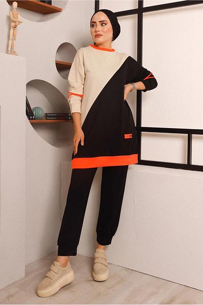 TRENDTESETTÜR Women's Black Elastic Waist Double Pants Set T 4072
