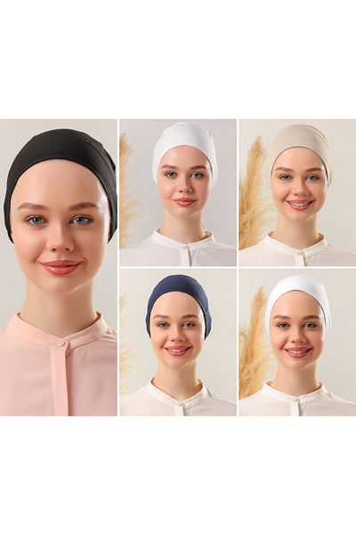 Melodi Scarf Women's Hijab Stitched Set Bonnet Black White Ecru Navy Beige 5 Pcs Binding Combed Cotton Bonnet