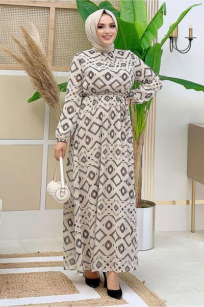 TRENDTESETTÜR Γυναικείο φόρεμα σιφόν με μπεζ σχέδιο 0863