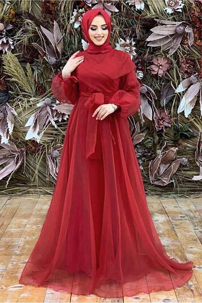 TRENDTESETTÜR Women's Red Belted Tulle Evening Dress T 4693