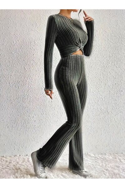 Fashion'S Antracitová sada španělských Pça Pntolon s dlouhým rukávem vpředu