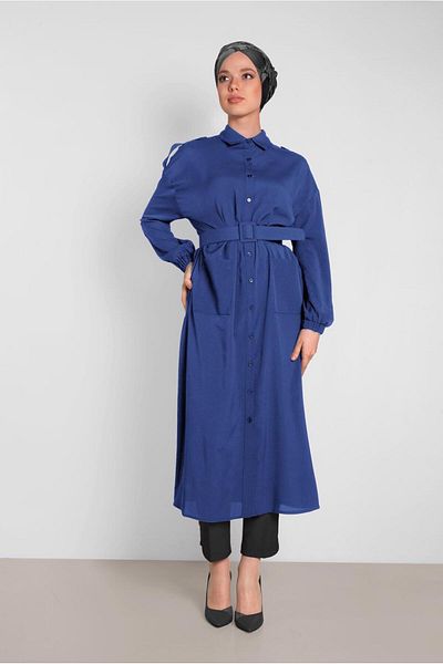 TRENDTESETTÜR Women's Navy Blue Buttoned Men's Collar Tunic 4243