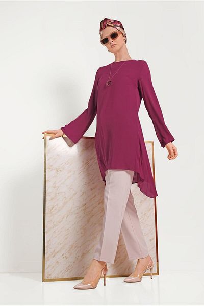 TRENDTESETTÜR Women's Purple (BEGONVİL) Pleat Detailed Asymmetric Cut Tunic 40443
