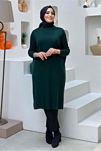 TRENDTESETTÜR Women's Green (ZEMRUT) Bat Sleeve Corded Knitwear Tunik 1624