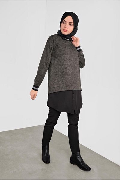 TRENDTESETTÜR Women's Black Cuffs Elastic Two-Look Tunic 41279
