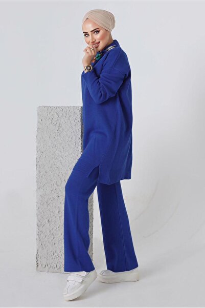 TRENDTESETTÜR Women's Navy Blue (saks) Chain Detailed Trousers Knitwear Suit 8592-1