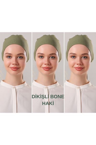 Melodi Scarf Χακί Hijab ραμμένο γυναικείο σετ - 3 δεμένα χτενισμένα βαμβακερά μπονέ