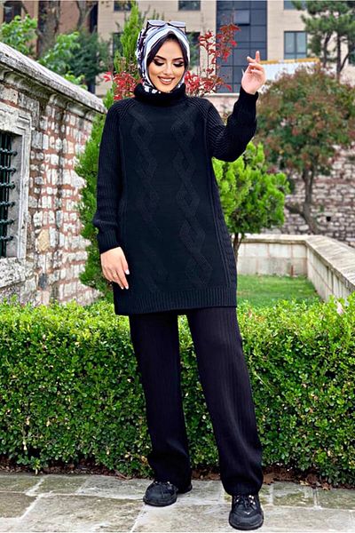 TRENDTESETTÜR Women's Black Self Patterned Turtleneck Knitwear Tunic 91112