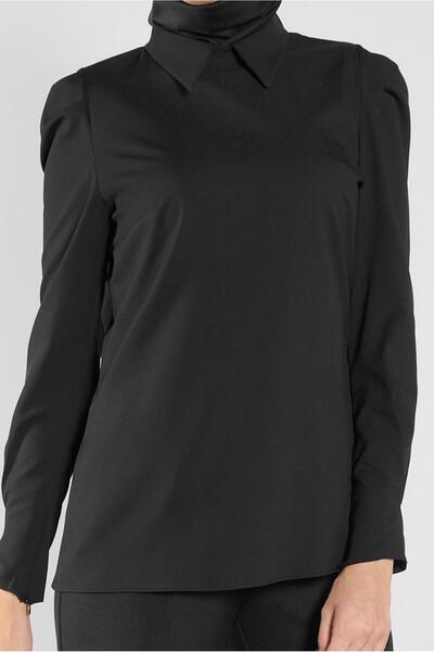 TRENDTESETTÜR Μαύρη μπλούζα με μανίκια Gigot - Πέτο πουκάμισου, Γυναικεία, 41222