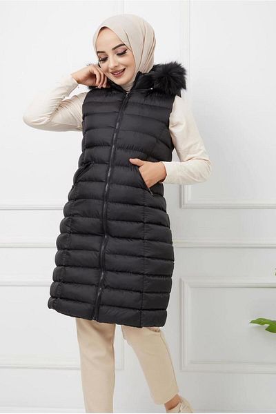 TRENDTESETTÜR Women's Black Zippered Hooded Puffer Vest 1451