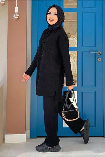 TRENDTESETTÜR Women's Black Pocketed Buttoned Quilted Tunic 5216