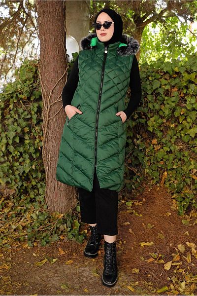 TRENDTESETTÜR Women's Green (benetton) Hooded Quilted Puffer Vest 0021