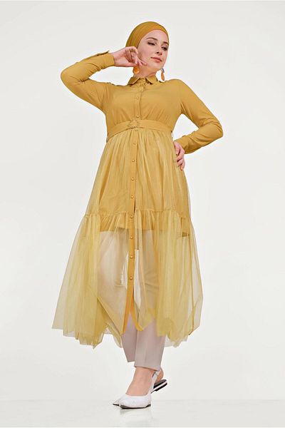 TRENDTESETTÜR Women's Orange (MUSTARD) Buttoned Tunic with Tulle Detail at the Hem 40491