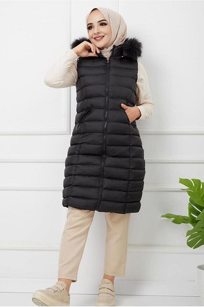 TRENDTESETTÜR Women's Black Zippered Hooded Puffer Vest 1451
