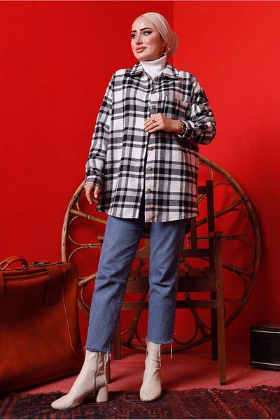 TRENDTESETTÜR Women's Black Buttoned Plaid Pattern Lumberjack Shirt 6582