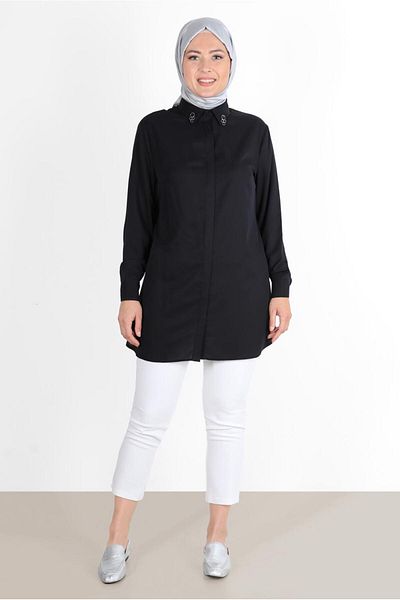 TRENDTESETTÜR WOMEN'S BLACK COLLAR STONE DETAIL TUNIC 2860