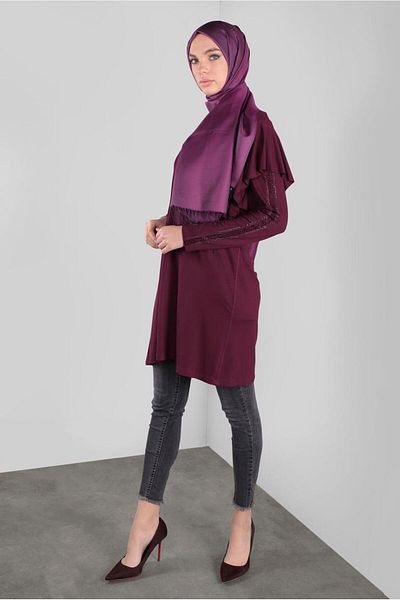 TRENDTESETTÜR Women's Purple (BEGONVİL) Stone Printed Ruffle Tunic 41293