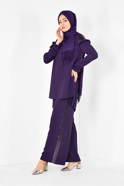 TRENDTESETTÜR Women's Purple Sequin Ruffle Trousers Suit 4252