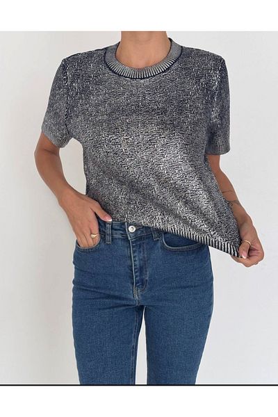 jöns since 1997 Women's Embossed Scalloped Short Gray Knitwear Blouse