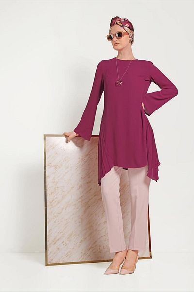 TRENDTESETTÜR Women's Purple (BEGONVİL) Pleat Detailed Asymmetric Cut Tunic 40443