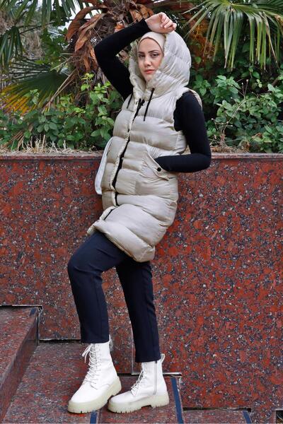 TRENDTESETTÜR Women's Beige (STONE) Hooded Puffer Vest with Zipper 5003