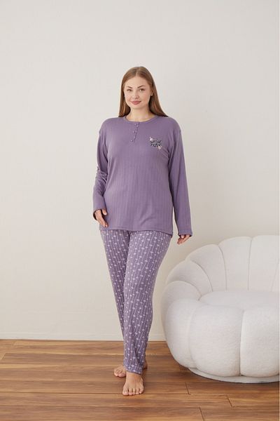 Eyfuze Women's Winter Plus Size Curve Embroidered Patterned Collar Buttoned Long Sleeve Pajama Set