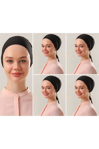 Melodi Scarf Black Hijab Stitched Women's Bonnet Set 5 Pcs - Tied Combed Cotton