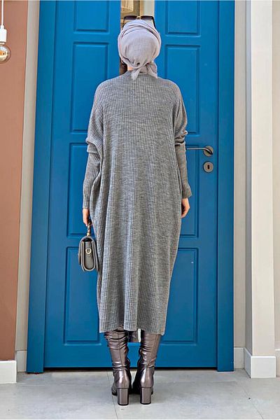 TRENDTESETTÜR Women's Gray Bat Sleeve Corded Knitwear Tunic 1624