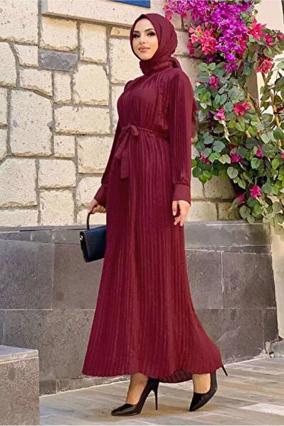 TRENDTESETTÜR Γυναικείο μπορντό πλισέ κρεπ φόρεμα 3043