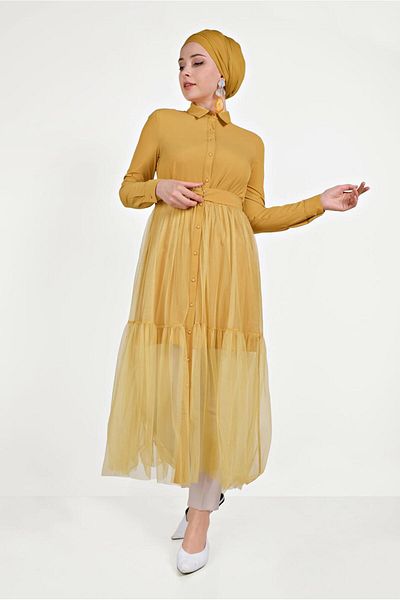 TRENDTESETTÜR Women's Orange (MUSTARD) Buttoned Tunic with Tulle Detail at the Hem 40491