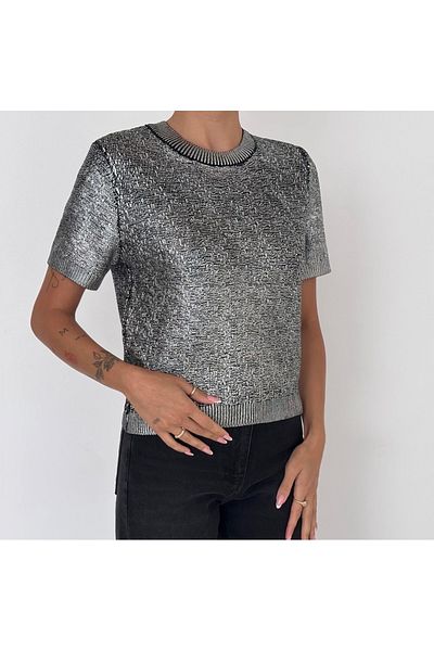 jöns since 1997 Women's Embossed Scalloped Short Gray Knitwear Blouse