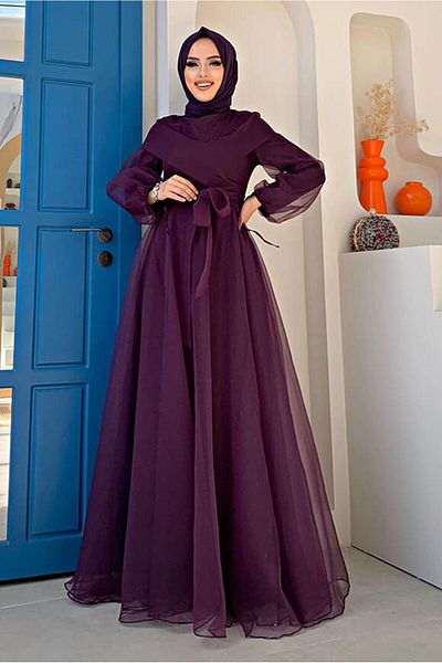 TRENDTESETTÜR Rochie de seară din tul violet cu curea T 4693