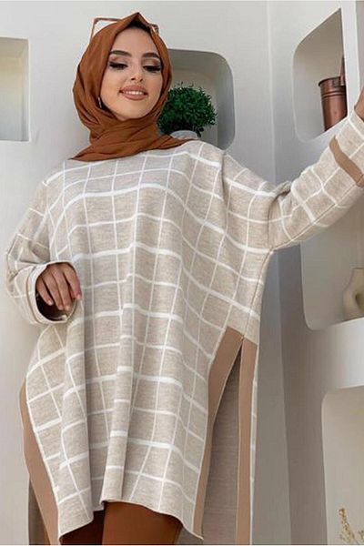 TRENDTESETTÜR Poncho de tricotaj cu model în carouri bej (piatră) pentru femei 71222