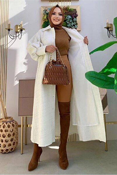 TRENDTESETTÜR Women's Ecru Buttoned Belted Coat 7277