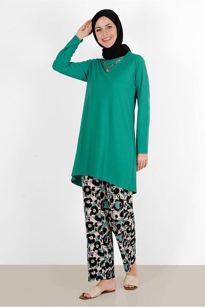 TRENDTESETTÜR WOMEN'S GREEN FLOWER PATTERNED DOUBLE PANT SET 5176