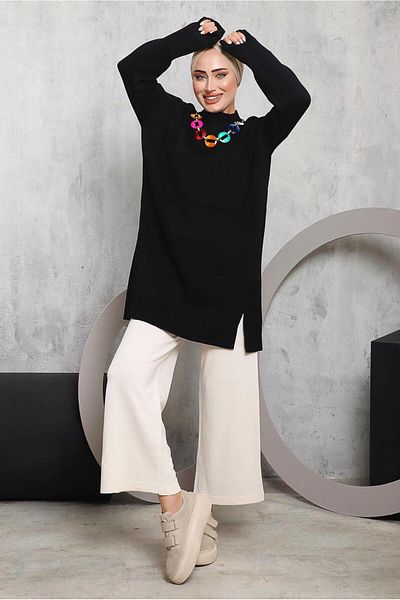 TRENDTESETTÜR Women's Black Knitwear Tunic with Chain Detail 8592
