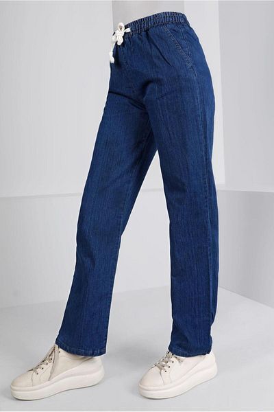 TRENDTESETTÜR Women's Navy Blue (DARK BLUE) Elastic Waist Straight Leg Denim Trousers T 2315