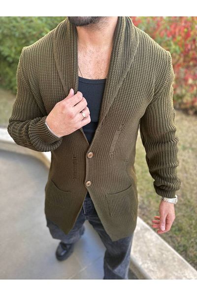 elkumoda Ζακέτα με πλεκτό σάλι γιακά τσέπη με λέιζερ λεπτομέρεια πλεκτή πλεκτή ζακέτα